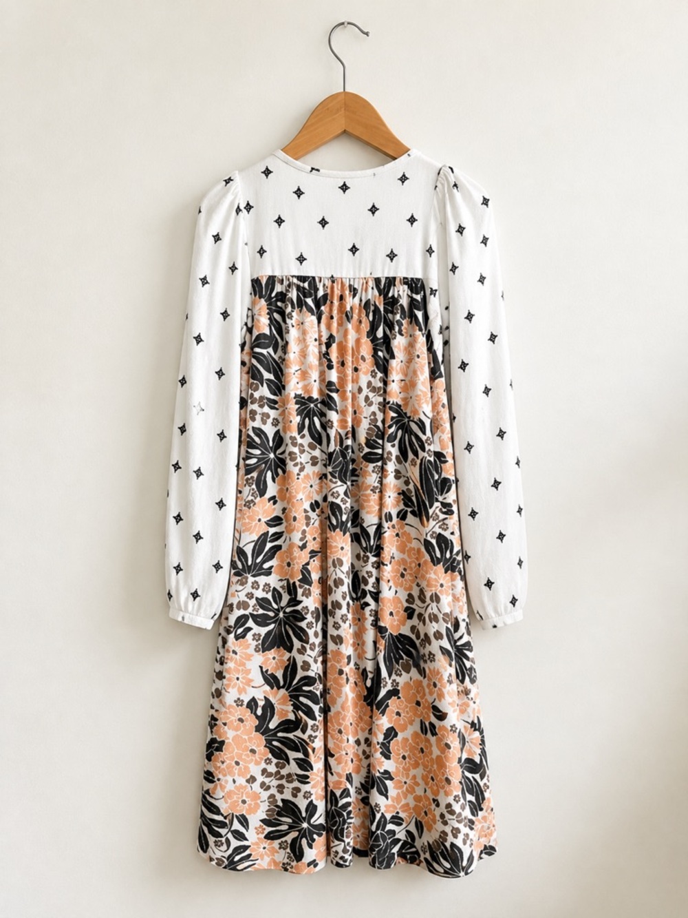 Free People Boho Mixed Print Mini Dress | Floral + Geo | Long Sleeve Babydoll - Picture 2 of 4